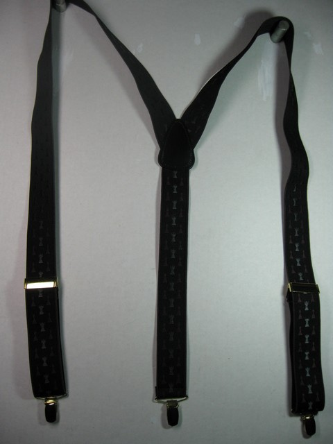 1 1/2" wide. "Y" Style. Assorted SIZES from 5' 1" to  7' 4" Height. (42" to 60" long Straps) Deluxe Suspenders-Cotton/Polyeste¬r Hand Washable-Hang To Dry Material. With Gold Grips And Adjusters    Chess Pieces- Grey Rooks, Burgundy Pawns On Black Background With Burgundy Edges.            Y-CHS76B-#123                                           